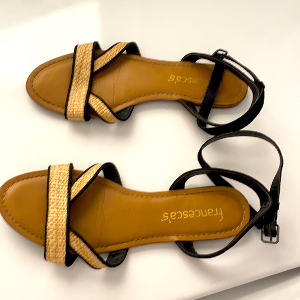 Francescas black and raffia cute ankle strap sandal sz 8